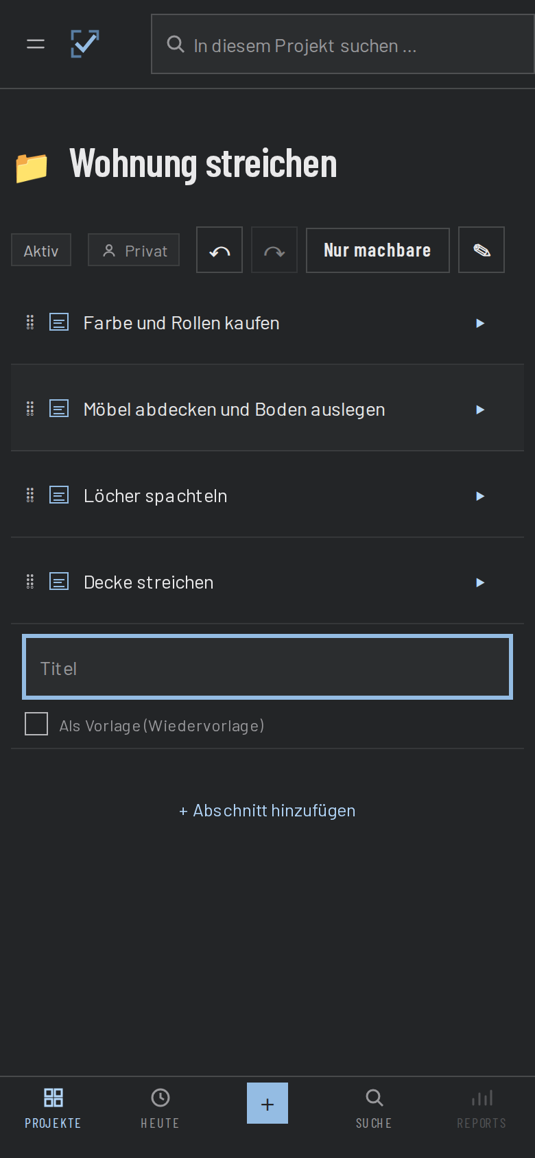 DailyDos zeigt ein Projekt mit mehreren Abschnitten und darin einsortierten Todos.