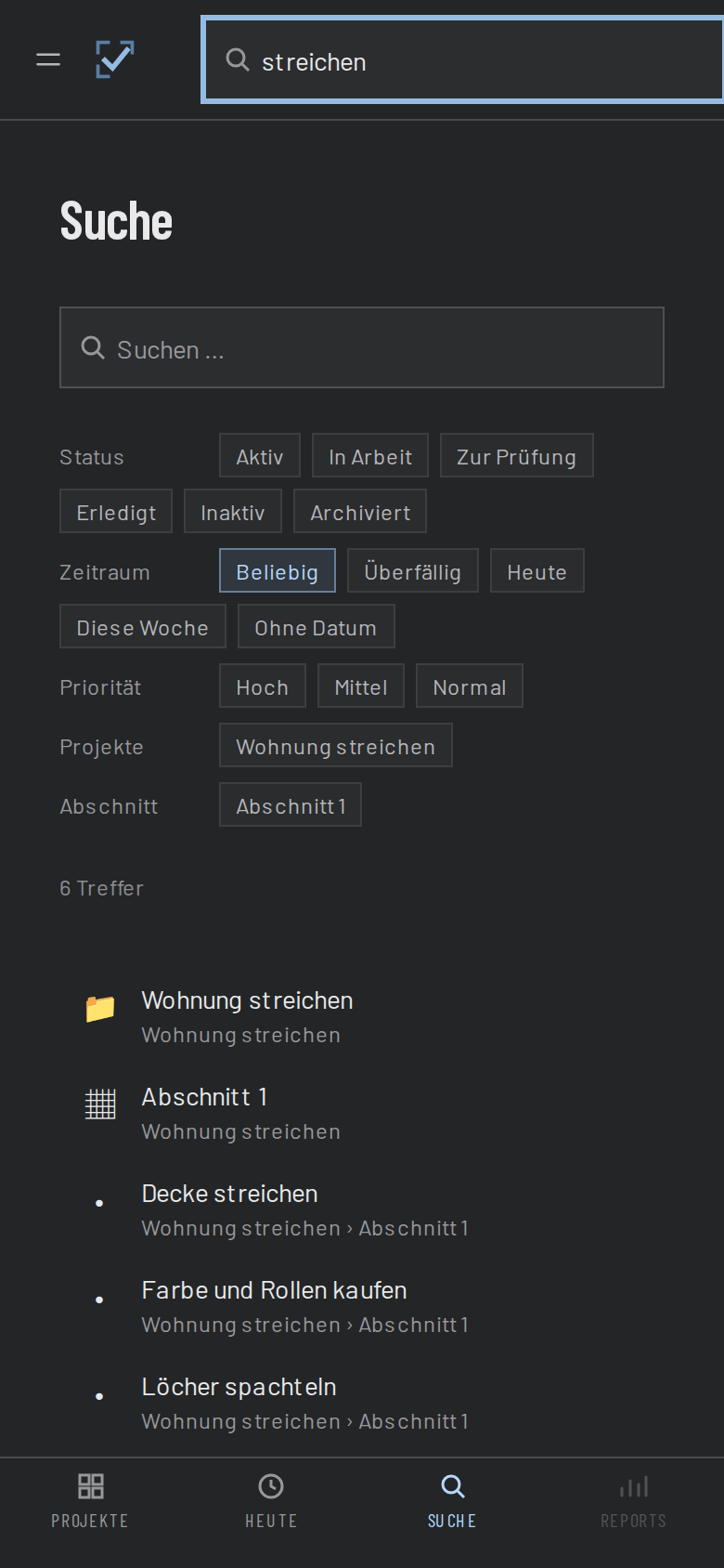 Die Suche von DailyDos mit Filtern nach Status, Abschnitt, Tags und Zeitraum.