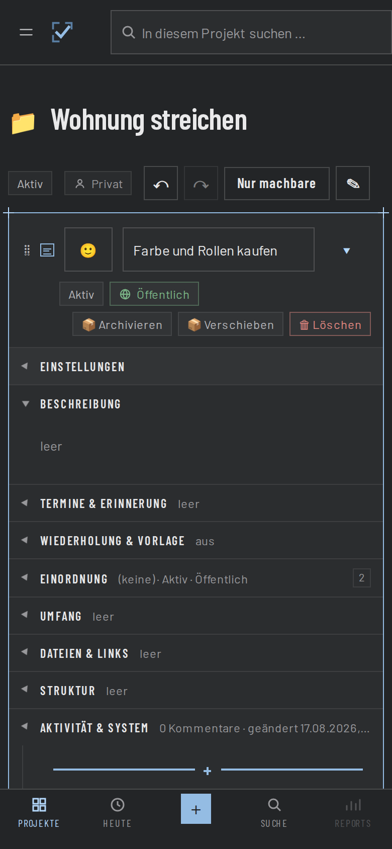 Der Todo-Editor von DailyDos mit Terminen, Priorität, Tags und Beschreibung.