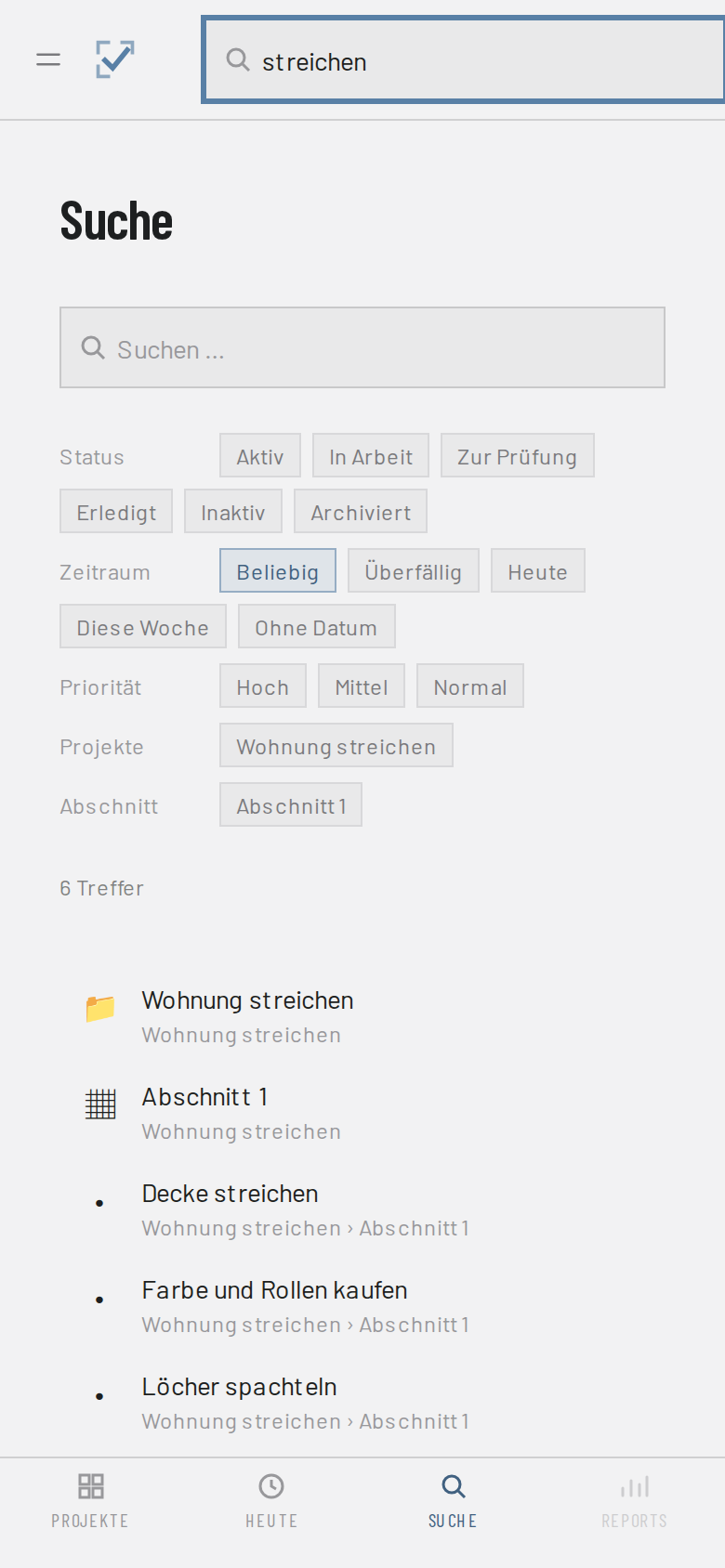 Die Suche von DailyDos mit Filtern nach Status, Abschnitt, Tags und Zeitraum.