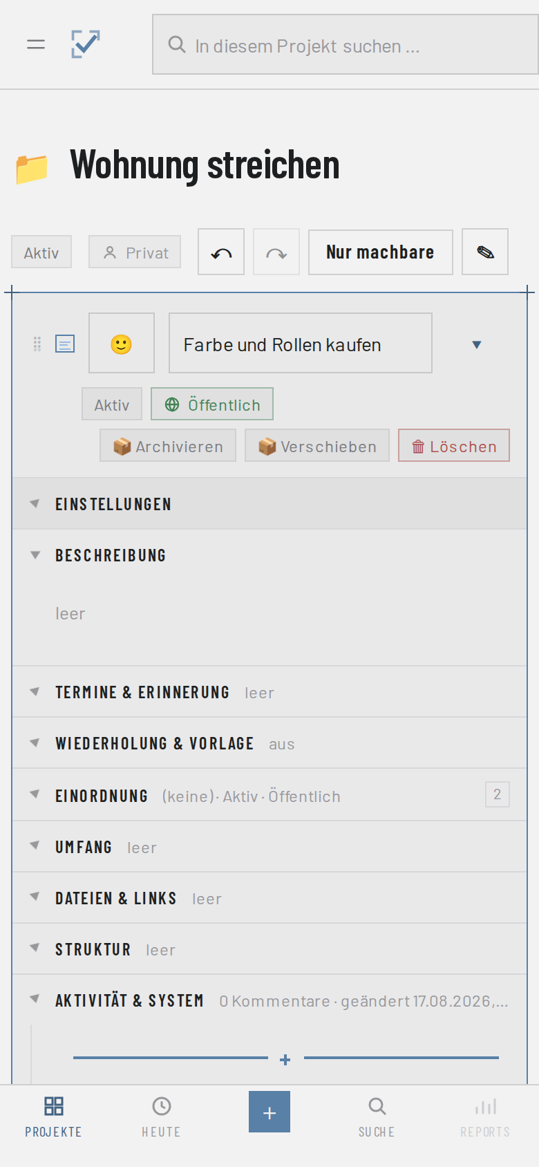 Der Todo-Editor von DailyDos mit Terminen, Priorität, Tags und Beschreibung.