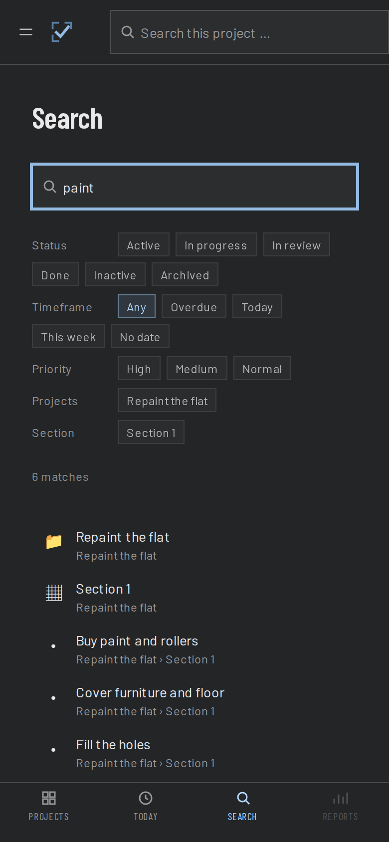 DailyDos search with filters for status, section, tags and timeframe.