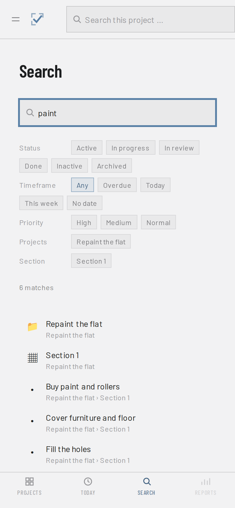 DailyDos search with filters for status, section, tags and timeframe.